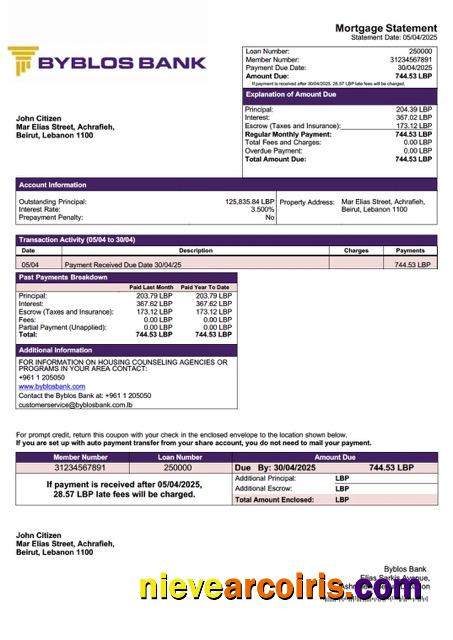 Lebanon Byblos Bank mortgage statement Word and PDF template